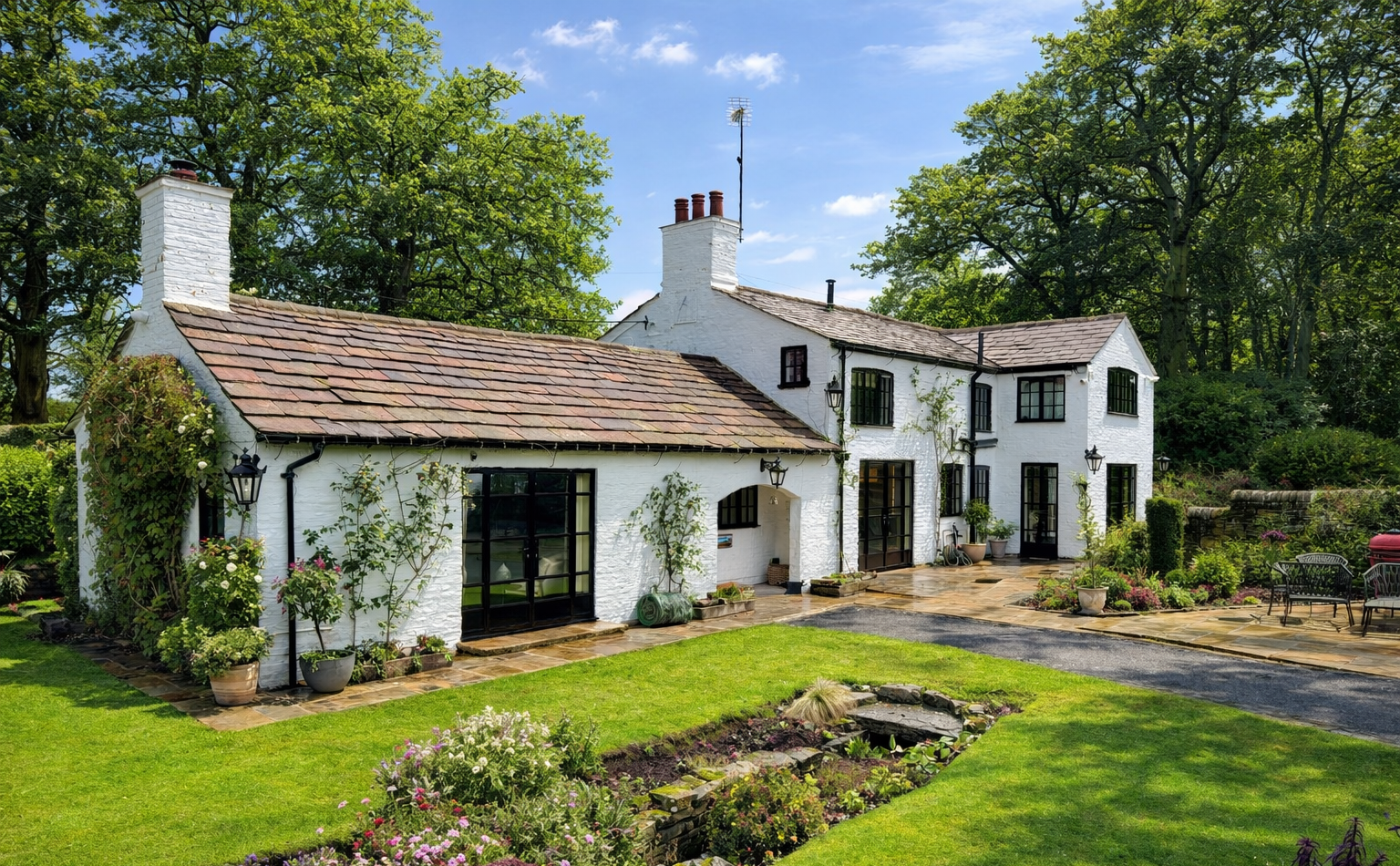 white country house with lawn featuring heritage french doors