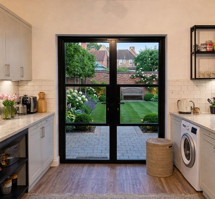 View of kitchen through black aluminium french doors