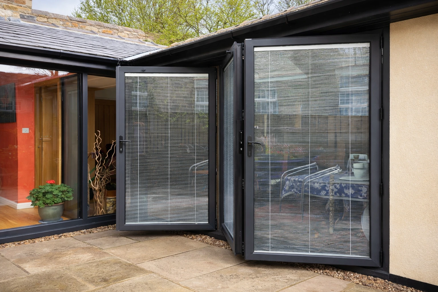 Bi-fold door for art studio Addingham with integral blinds