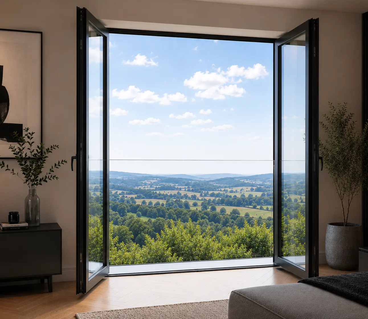 Doors open to Mac Glass Slimline Juliet balcony