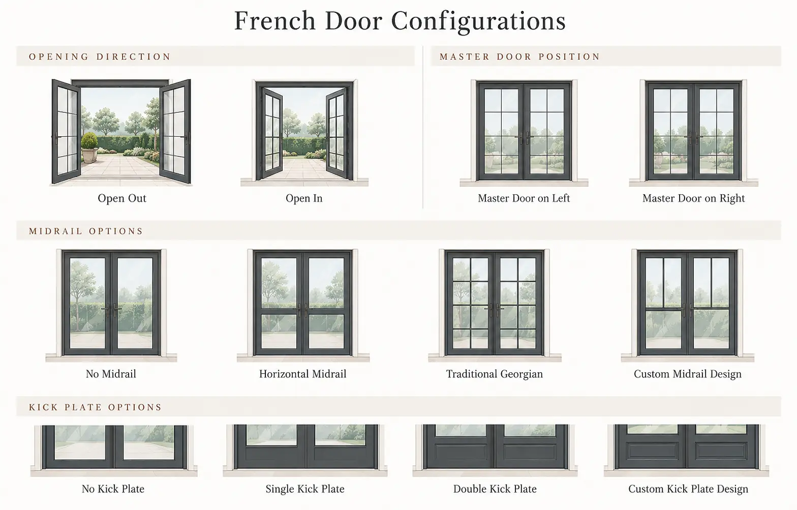 French door configuration guide showing opening directions, master door positions, midrail designs and kick plate options