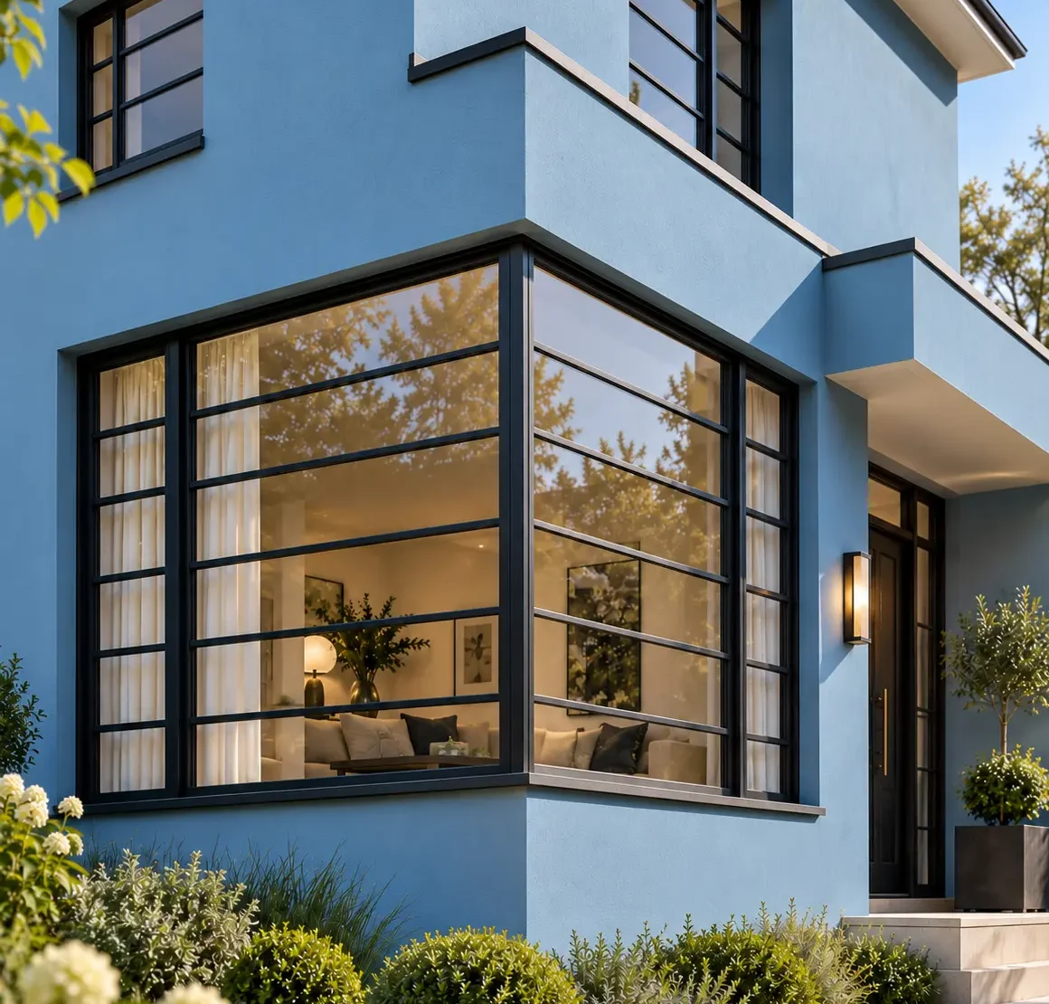 Blue house with slimline black heritage aluminium corner windows