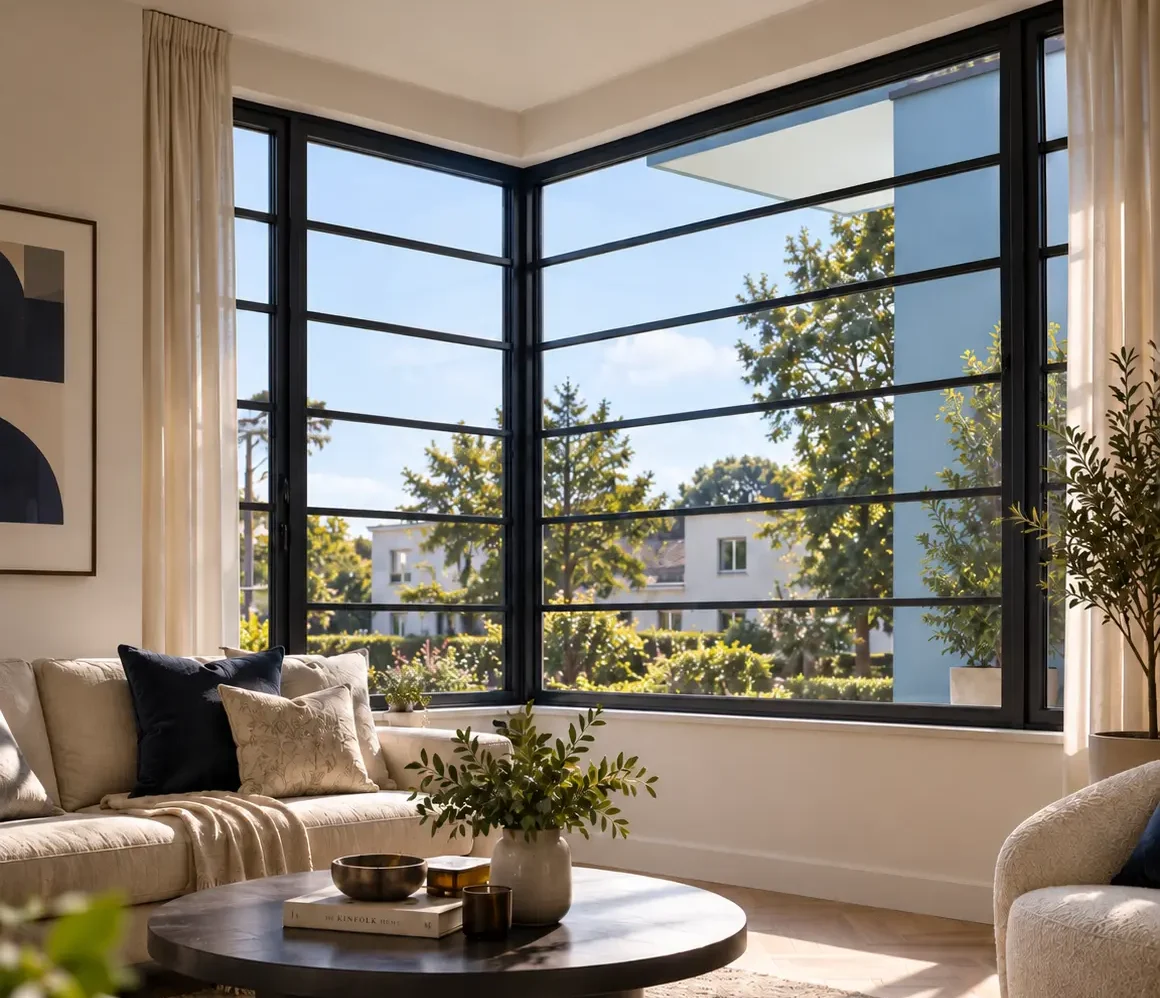 Modern living room with black Art Deco-style aluminium windows and natural light
