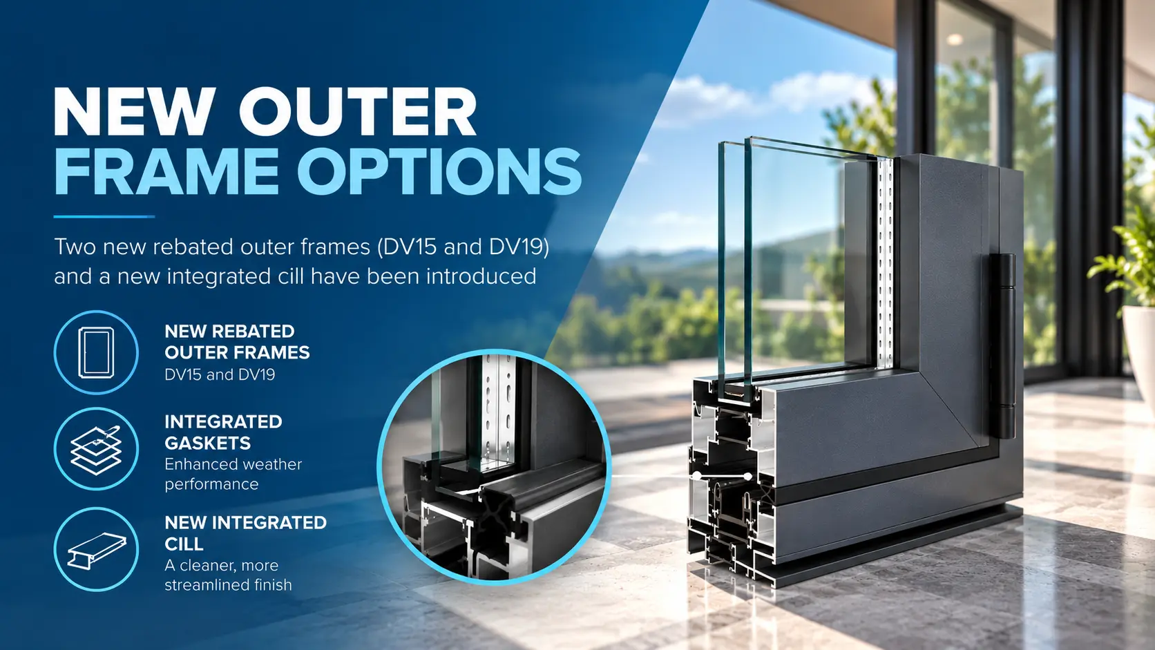 Two new rebated outer frames (DV17 and DV19N), a new integrated cill, and the existing low threshold option
