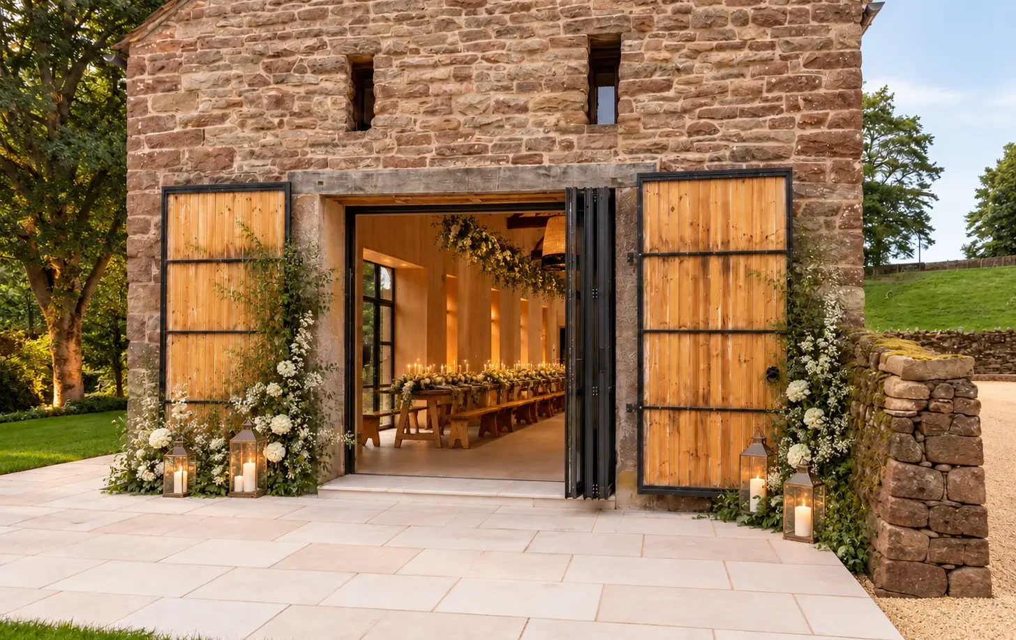 Black Heritage bifold doors at a converted barn wedding venue