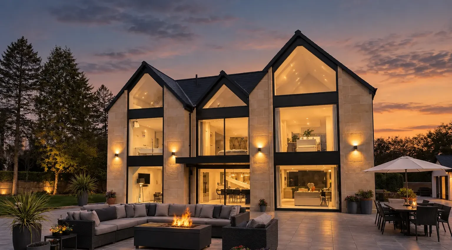 Curley Hill luxury home at twilight featuring bespoke aluminium glazing